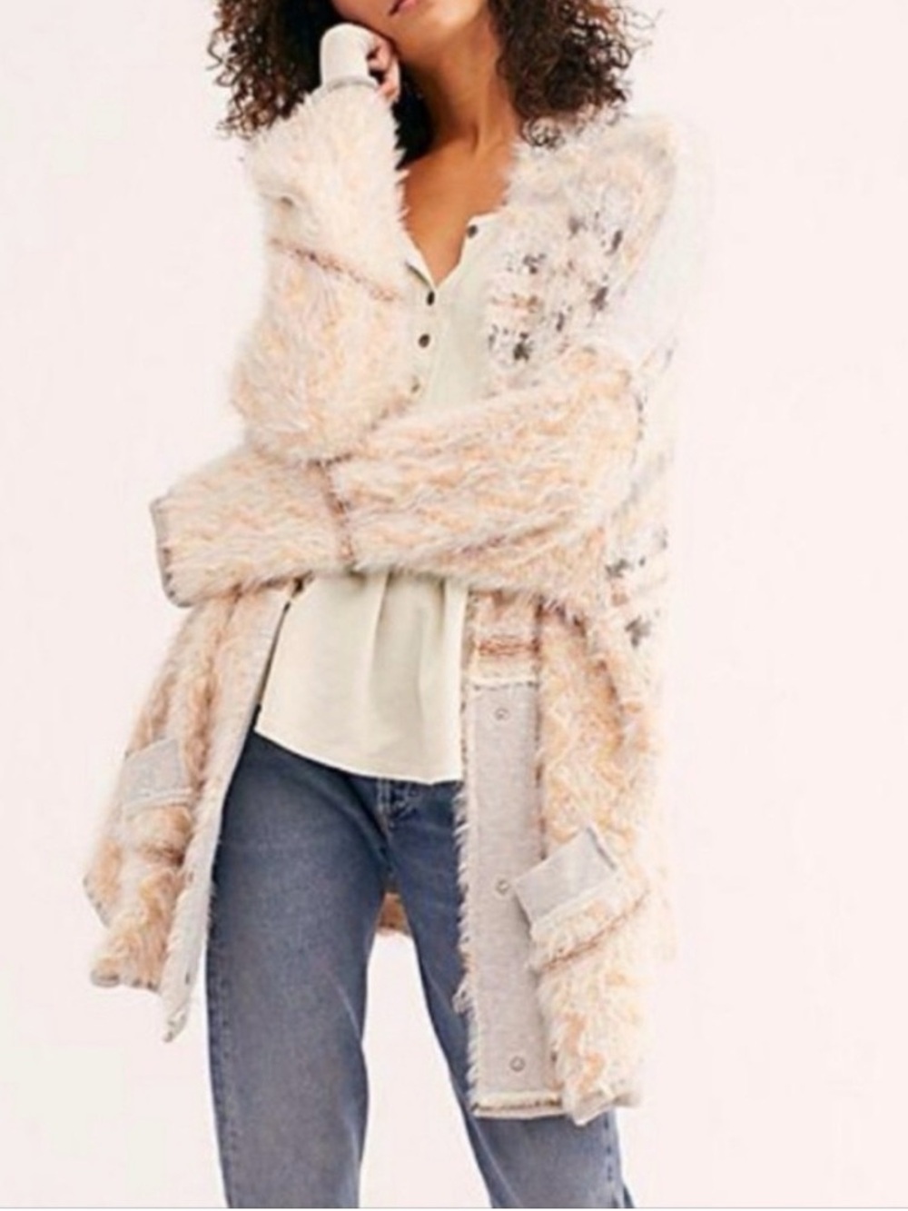Free People Cream and Grey Winter Cabin Fuzzy Knit Oversized Cardigan Sweater XS
